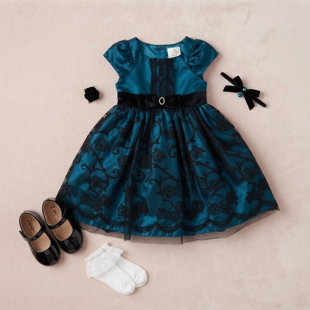 Jona Michelle Toddler Girl Teal Black Flocked Floral Lace Party Dress 2T CO6741